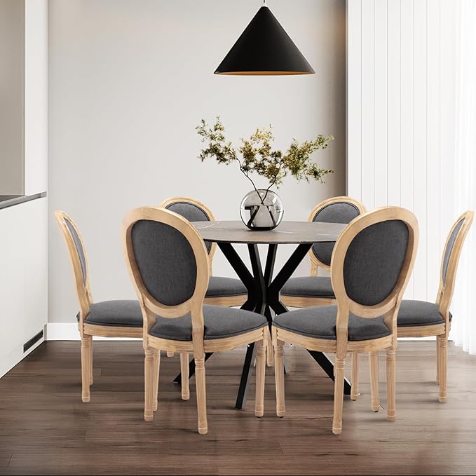 SoarFlash French Dining Chairs Set of 6, Vantage Dining Chair with Round Back, Farmhouse Country Dining Chair for Kitchen,Bedroom,Deep Grey