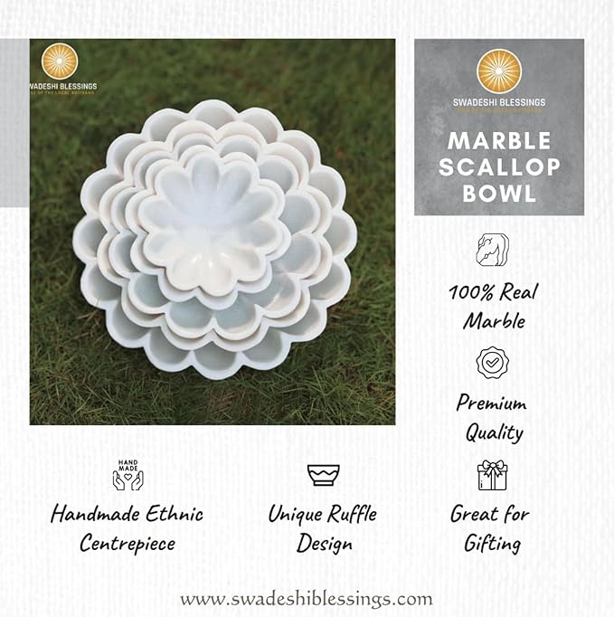 HandCrafted Marble Decorative Bowl | White Ruffle Scalloped Fluted Key/Fruit Ring Dish | Organic Modern Home Decor (10 Inches)