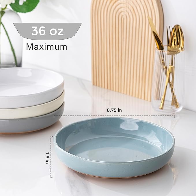 AmorArc 8.75'' Large Ceramic Pasta Bowls, 36oz Handpainted Stoneware Bowls Set of 4, Microwave&Dishwasher Safe Bowls with Rustic Terracotta Underside for Pasta Salad, Multi-Color