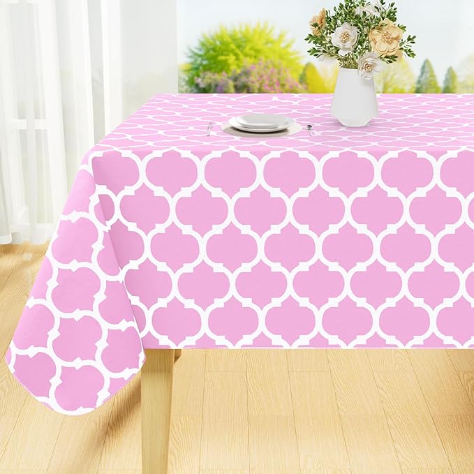 Smiry Rectangle Table Cloth, Waterproof Vinyl Tablecloth with Flannel Backing for Rectangle Tables, Wipeable Spillproof Plastic Tablecloths for Dining, Camping, Indoor and Outdoor, (60"x102", Pink)