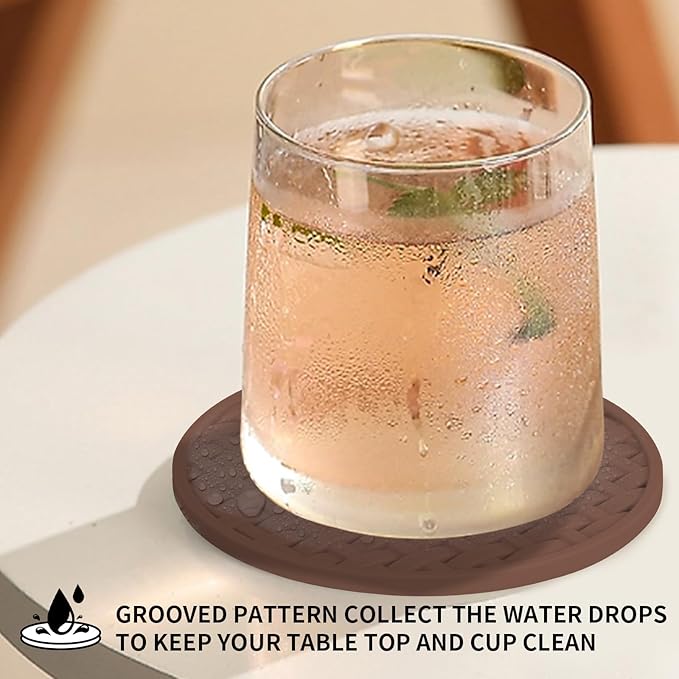Brown Round Silicone Coasters with Holder, Heat Resistant & Waterproof Cup Mats, 4 Inches Non-Slip Decorative Coster Set 6 Packs for Home, Office, Kitchen, Coffee Bar Table