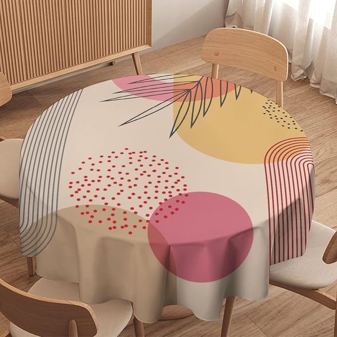 Mid Century Boho Round Tablecloth, Abstract Modern Sun Arch Curve Leaves Geometric Print Tablecloth for Home Party Dining Room Kitchen Decor 70Inch(178cm)