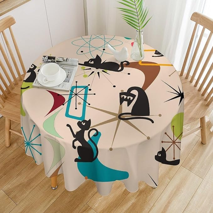 Mid Century Black Cat Round Tablecloth, Bohemian Modern Colorful Abstract Geometric Retro Art Bohemian Tablecloth for Home Party Dining Room Kitchen Decor 60Inch(152cm)