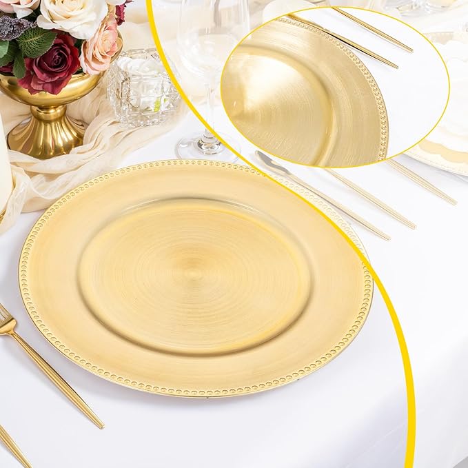LIYH 8 Pcs Gold Charger Plates 13'' Plastic Round Chargers Plates Reusable Wedding Dinner for for Table Setting Wedding Party Decoration