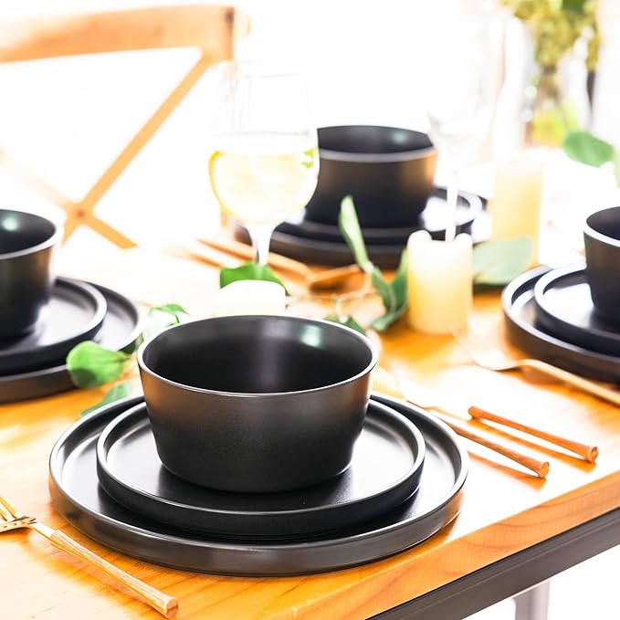 AmorArc Ceramic Dinner Plates Set of 6, 10.0 Inch Matte Stoneware Plates for Kitchen,Modern Flat Dinnerware Dishes Set,Microwave& Dishwasher Safe, Scratch Resistant, Matte Black