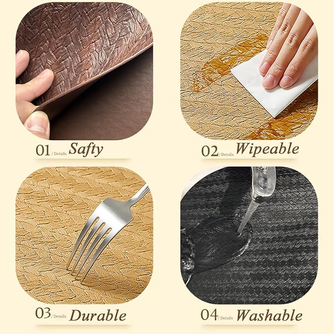 PIGCHCY Round 15" Water-Resistant Placemats Set of 6, Premium Faux Leather Placemats PVC Easy Clean Table Mats for Hotels Outdoor Dining, Wedding Decor (Black)