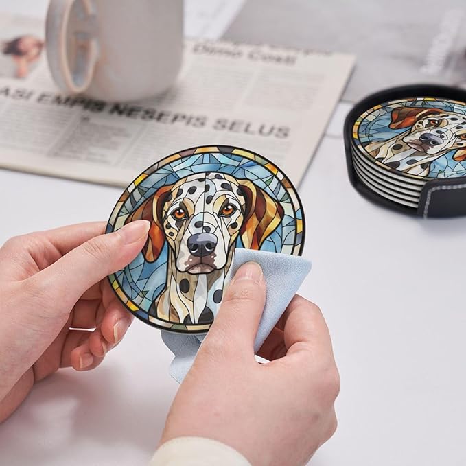 Drink Coaster Set of 6, Dalmatian Dog Mom Lover Gift,Leather Drink Coasters with Holder,6 Pack Cup/Bar/Drink Coasters for Table/Drinks/Coffee Protection Housewarming Gift