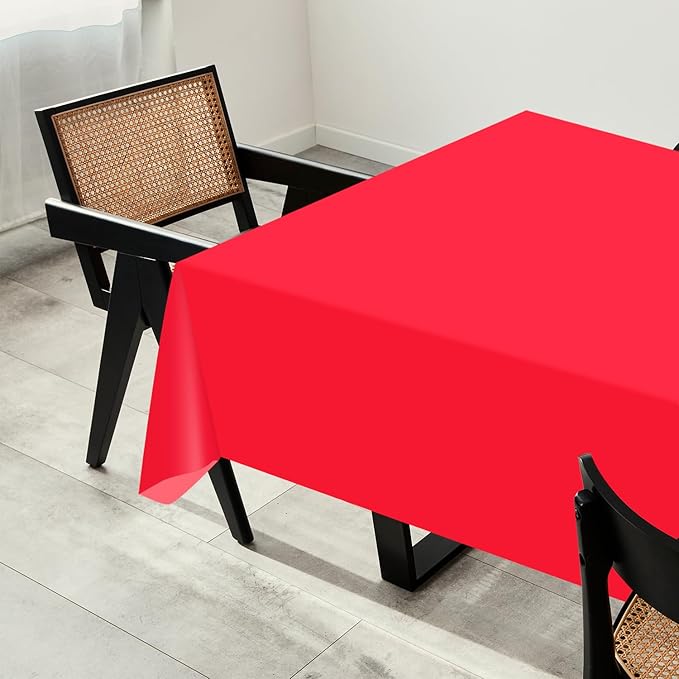 54 Inch X 200 Feet Plastic Table Cover Roll with Convenient Slide Cutter, Disposable Plastic Table Cloth Roll with Cut-to-Size Design for Weddings, Banquets, Parties (Red)