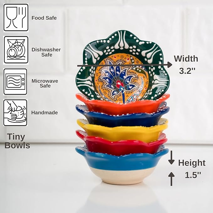 BCS Ceramic Pinch Bowls Set of 6, Small Multicolor Handmade Decorative Serving Dishes - Cooking Prep & Charcuterie Board Bowls, Soy Sauce Dish (3.2'' - 3 oz)