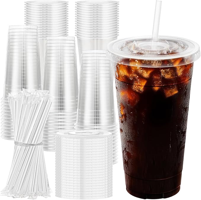 24 oz 100 Pack Plastic Cups with Lids and Straws, Sturdy Food Safe Iced Clear Coffee Cups Disposable Smoothie Cups for Cold Drinks