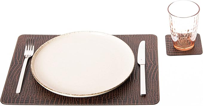 Nikalaz Set of 4 Small Placemats and 4 Coasters Made of Recycled Leather (15.75 x11.81 inches, Crocko)