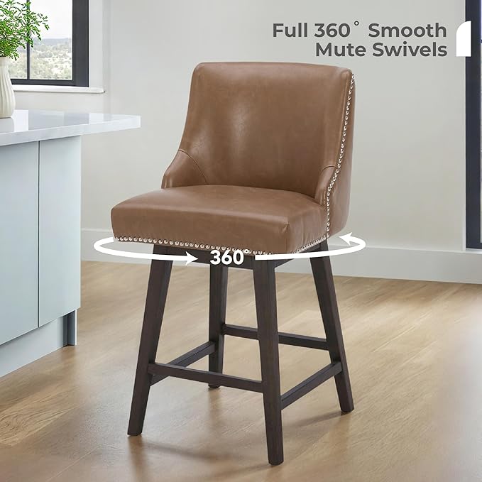 CHITA Counter Height Swivel Bar Stools Set of 3, FSC Certified Upholstered Counter Stools, Modern Swivel Barstools with Wood Legs for Kitchen Island, 26" Seat Height, Faux Leather in Saddle Brown