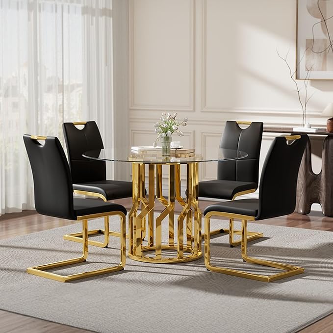 38.9" Round Glass Dining Table Set for 4, Modern 5 Piece Kitchen Table Set with Gold Stainless Steel Base & 4 PU Leather Accent Chairs, Saving Space, Dining Set for Apartment, Home - Black Chair