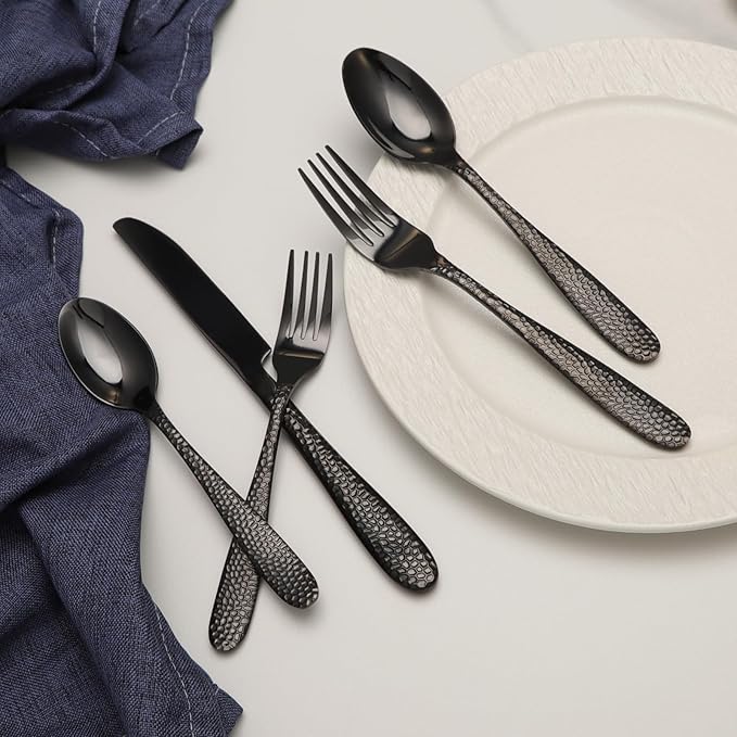 Black Hammered Silverware Set, 40 Piece Stainless Steel Heavy Duty Flatware Set for 8, Food-Grade Tableware Cutlery Set for Home Restaurant, Mirror Polished, Dishwasher Safe