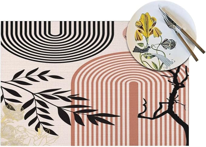 Abstract Mid Century Plant Placemats Boho Retro Tropical Palm Sun Arch Minimalist Modern Aesthetic Geometric Washable Place Mats 12x18Inch for Dining Kitchen Farmhouse Decor 4 PCS