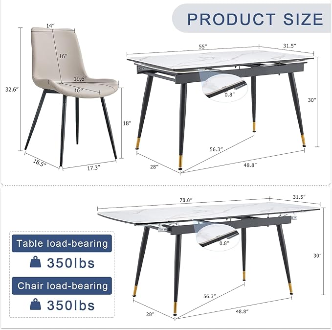 Extendable Dining Table Set for 4, 55'' to 78.8'' Rectangular Thickened Sintered Stone Kitchen Table with 4 Upholstered Chairs, Modern Space Saving 5-Piece Dinner Table Set