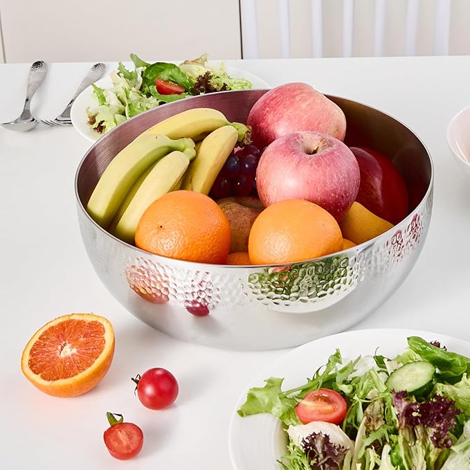 150oz Stainless Steel Hammered Salad Bowl, Large Fruit Popcorn Serving Bowl