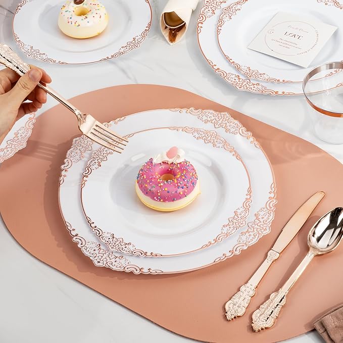 175PCS Rose Gold Plastic Plates for 25 Guests, Disposable Dinnerware Sets Include 50 Rose Gold Rim Plastic Plates, 25 Silverwares and 25 Cups, 25 Pre Rolled Napkins for Party, Graduation