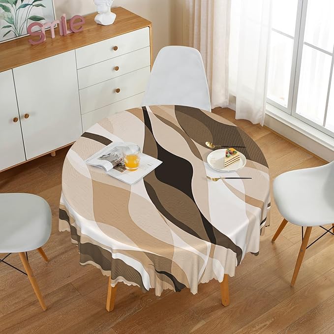 Laeacco 48 Inch Brown Modern Round Tablecloth Striped Geometric Abstract Art Print Table Cloth Washable Waterproof Wrinkle Free Table Cover for Kitchen Dining Picnic Party Decoration