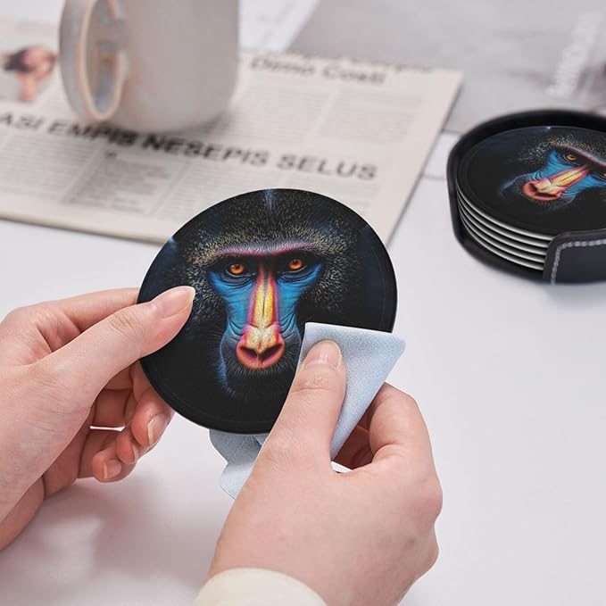 Mandrill face Printed Leather Coasters for Drinks, Set of 6 Drink Coaster Dining Room Decor Cup Coasters