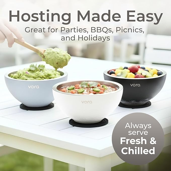 Vora 18oz Dip Chiller Bowl | 2 Pack White Stainless Steel Chilled Dip Bowl for Dips, Guacamole, Hummus, Salsa | Insulated Serving Dishes with Easiest Water Fill & Refillable Chamber