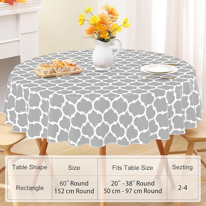 Smiry Round Plastic Table Cloth, Waterproof Vinyl Tablecloth with Flannel Backing for Round Tables, Wipeable & Spillproof for Dining, Camping, Indoor and Outdoor (60" Round, Light Grey)