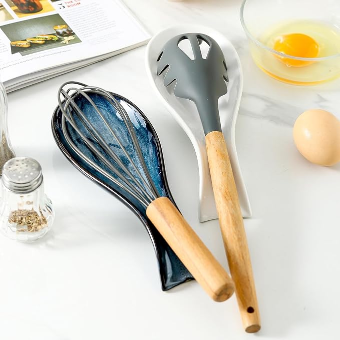 Ceramic Spoon Rest for Stove Top,Large 8.7 Inch Spoon Holder for Kitchen Counter,Porcelain Rest for Thankgiving and Christmas Gift,Dishwasher Safe and Heat-Resistant,White and Blue(2 PC)