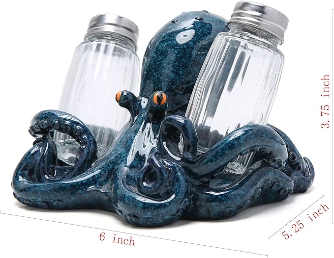 Hodao Octopus With Salt and Pepper Shaker Figurines Decorations Octopus Set with Holder Figurine for Beach Bar or Tropical Kitchen Decor Octopus Table Decorations By Home Gifts (Octopus)