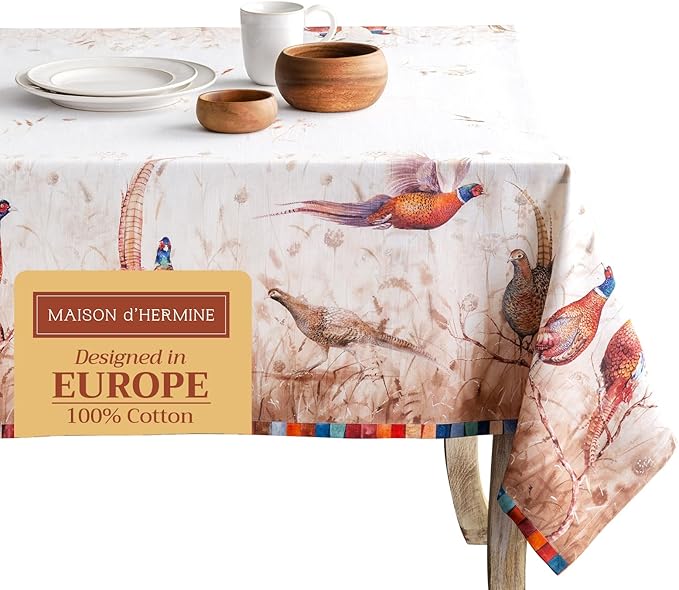Maison d' Hermine Table Cloth Rectangle Table 100% Cotton 60 x 90 Inches Fall Tablecloth Reusable Everyday Use for Thanksgiving Christmas Decorations Dining Farmhouse Party (Faisan D'Automne)