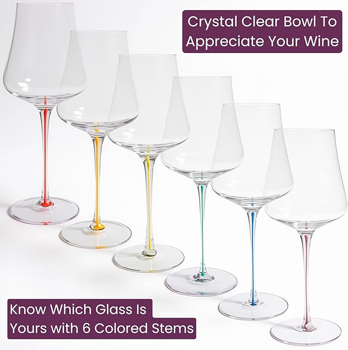 Saludi Tulip Colored Stem Wine Glasses - Set of 6 Hand Blown - Mixed Color Stems That Won’t Chip - Universal Tulip Bowl For Red And White Wine - Dishwasher Safe - Gift Ready