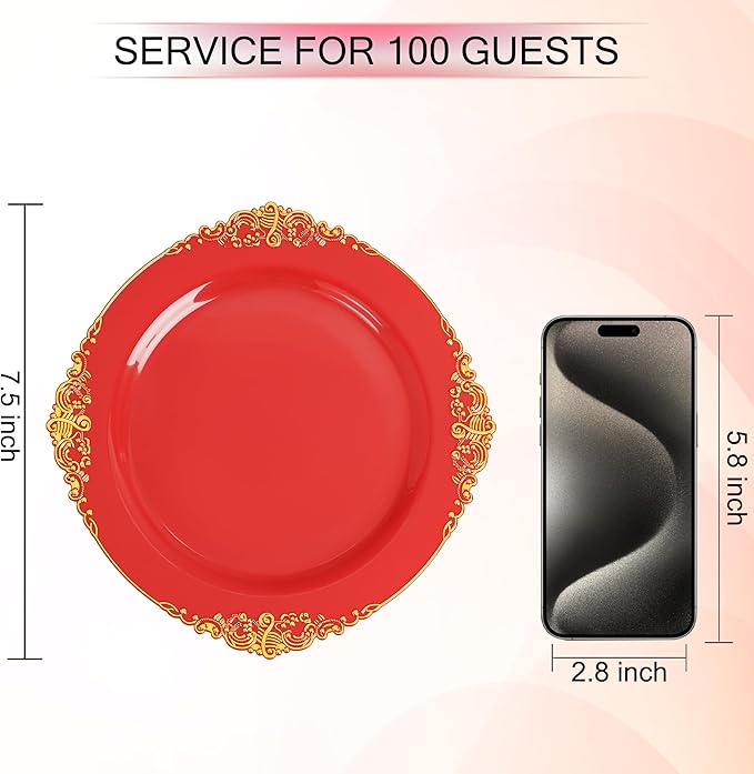 Nervure 100Pcs Red and Gold Plastic Plates - 7.5inch Red Disposable Plates - Heavyweight Plastic Plate - Dessert Plate for Wedding & Party