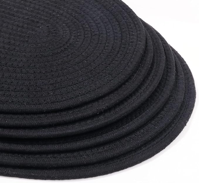 Braided Placemats Set of 6, Cotton Fabric Oval Table Mats Non Slip Washable 16 * 12 inch Oval Place Mats, 6 Pack Black Cotton Rope Woven Placemats