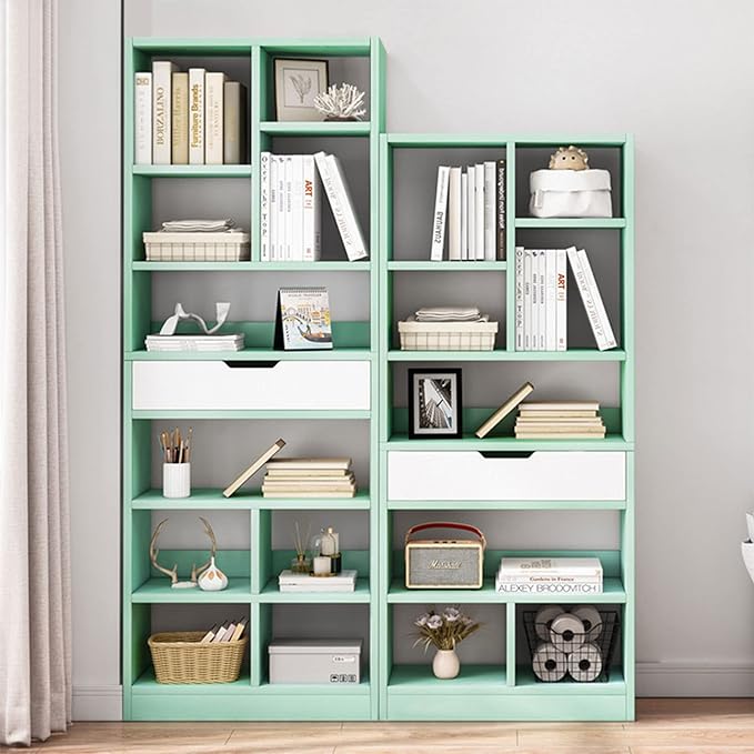 IOTXY Wooden Open Shelf Bookcase - 71 Inches Tall Freestanding Display Storage Cabinet Organizer with 10 Cubes and a Drawer, Floor Standing Bookshelf in Tiffany-Green