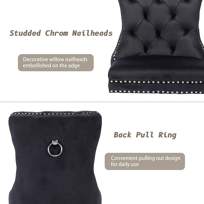 KCC Velvet Dining Chairs Set of 6, Upholstered High-end Tufted Dining Room Chair with Nailhead Back Ring Pull Trim Solid Wood Legs, Nikki Collection Modern Style for Kitchen, Black