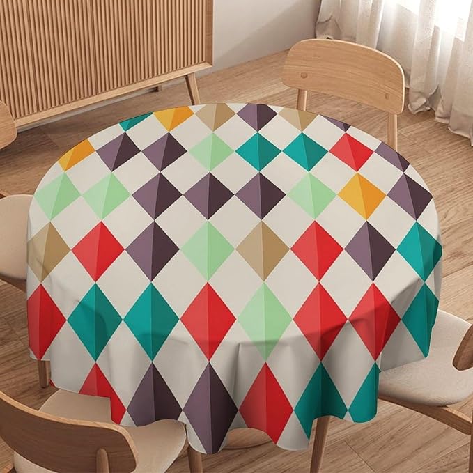Abstract Geometric Round Tablecloth, Modern Mid Century Background Mid Century Colorful Print Pattern Tablecloth for Home Party Dining Room Kitchen Decor 60Inch(152cm)