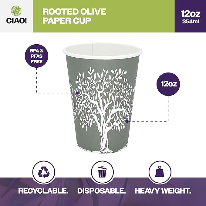 CIAO! 12oz Paper Hot Cup, Rooted Olive Print, (Case of 1,000)