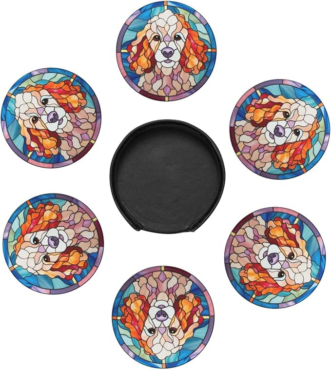 Drink Coaster Set of 6, Poodle Dog Mom Lover Gift,Leather Drink Coasters with Holder,6 Pack Cup/Bar/Drink Coasters for Table/Drinks/Coffee Protection Housewarming Gift