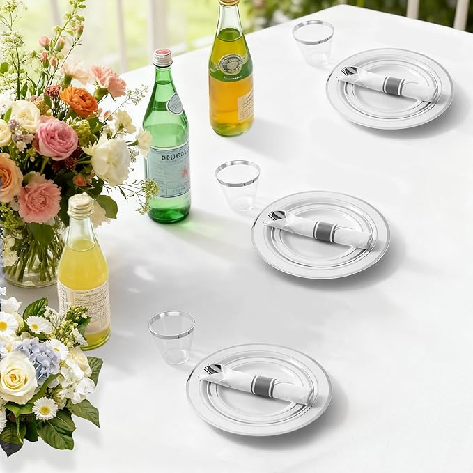 M MCIRCO 350 Piece Dinnerware Set,100 Silver Rim Plastic Plates, 50 Cups,50 Pre Rolled Napkins with Plastic Silverware, Disposable Dinnerware Set for 50 Guest, Silver