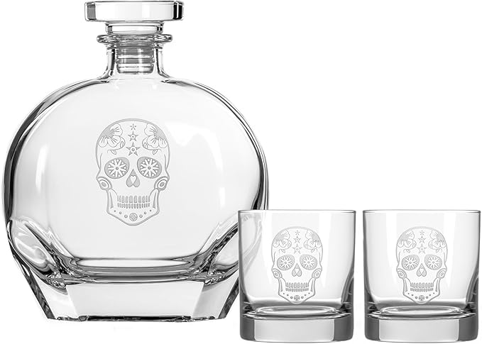 Rolf Glass Sugar Skull 3pc Whiskey Decanter Set with 2 On the Rocks Glasses | Lead-Free | Sand Engraved in the USA | Airtight Stopper to keep your Bourbon fresh