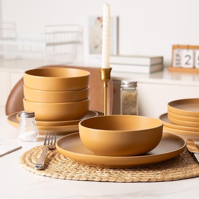 12-Piece Stoneware Dinnerware Set with Mugs | Microwave and Dishwasher Friendly | Stackable Matte Glaze Plates & Bowls | Service for 3 (Orange for 4)