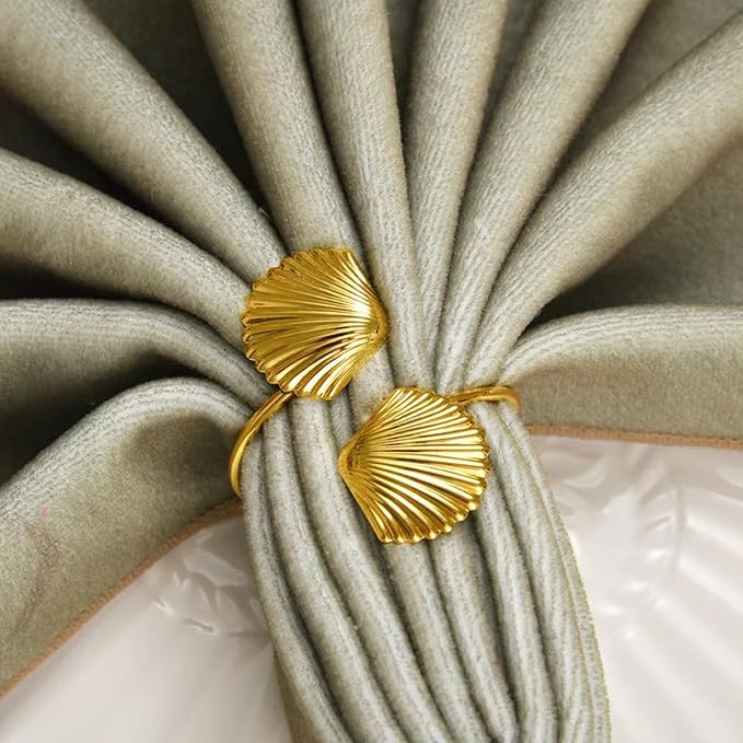 Decorative Napkin Rings Set of 6,Holders Decor Dinner Party,Wedding,Anniversary,Birthday,Table Decor Gift (Golden Shell)