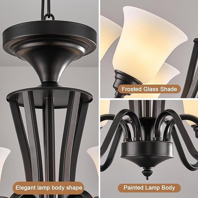 6-Light Dining Room Light Fixture Black，Industrial Farmhouse Pendant Light with White Frosted Glass Shades, Rustic Vintage Hanging Chandelier for Kitchen Island，Living Room&Home Decor