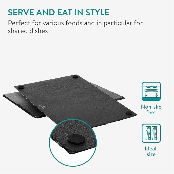 Navaris Slate Plates - Food Contact Safe Black Stone Plates - Cheese Platter Charcuterie Boards Serving Plate - Stone Slate Slab Cheese Board - Set of 2-15" x 11" (38 x 28 cm)
