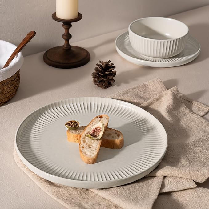 Famiware Starlight Plates and Bowls Dishes Set of 4 (12 Pieces), Ribbed Textured Stoneware Dinnerware Sets- Dishwasher & Microwave Safe, Chip Resistant, Matte Reactive White