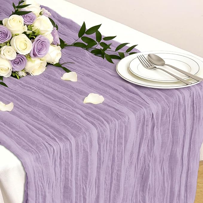 Lilac Table Runner, 10 Ft 120 in Cheesecloth Table Runner, Rustic Spring Table Runners for Wedding, Party, Bridal Shower, Boho Table Runners for Valentines Easter Mardi gras