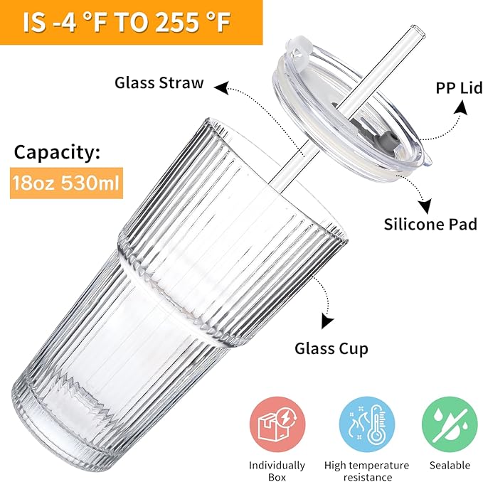 Glass Cups with Lids and Straws - 18oz Glass Tumbler with Straw and Lid, Premium Coffee Cups for Tea, Iced Coffee, Smoothie，Ideal Gift for Home, Office, Coffee Shop Use, 2 Pack
