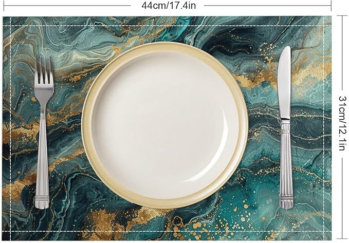 Marble Linen Place Mats Set of 4, 12x17 Inch Modern Abstract Foil Stone Texture Teal Gold Marble Washable Fabric Non-Slip Placemats for Home Dining Table Banquets Party Kitchen Decoration