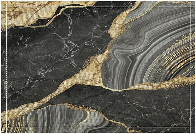 Marble Linen Placemats Set of 2, 12x17 Inch Modern Abstract Foil Stone Texture Black Gold Grey Marble Table Mats Washable Fabric Place for Party Kitchen Wedding Dining Banquets Decor