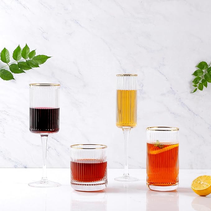 Lysenn Vintage Glassware Set - Ribbed & Fluted Wine, Champagne, Whiskey & Highball Glasses for Wedding or Party, Set of 4