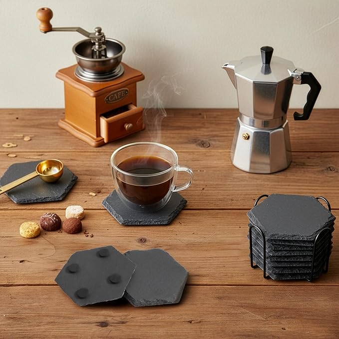 ZOOFOX 24 Pieces Slate Drink Coasters, Hexagon Black Slate Stone Coaster Bulk for Laser Engraving, Beverage Coasters with Non-Slip Bottom Mat for Home Decor, Bar, Housewarming Gifts